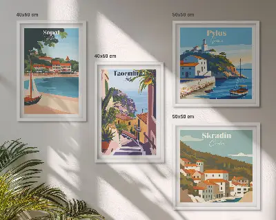 Illustrationer af kystbyer billedvæg til ophængning over sofaen