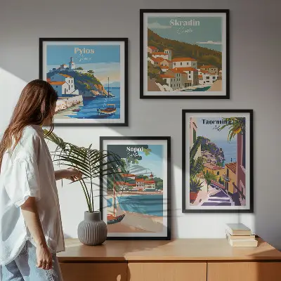 Illustrationer af kystbyer billedvæg til ophængning over sofaen