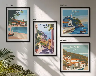 Illustrationer af kystbyer billedvæg til ophængning over sofaen