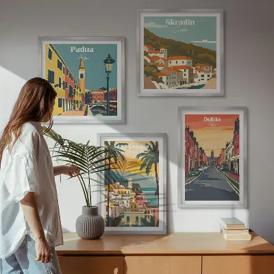 Billedvæg over sofa med motiver af bylandskaber og natur
