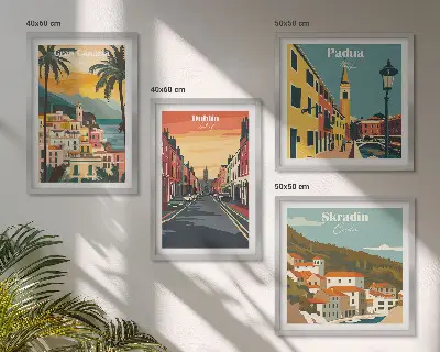 Billedvæg over sofa med motiver af bylandskaber og natur