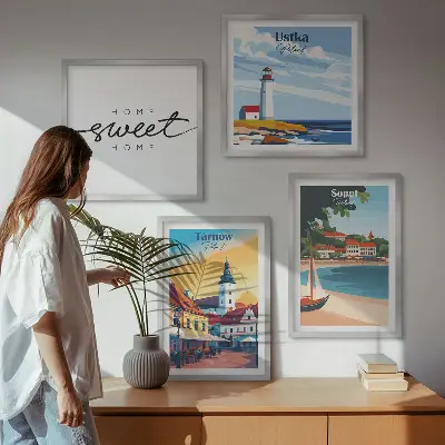 Billedsæt med ramme motiver af polske byer som Ustka Tarnów og Sopot