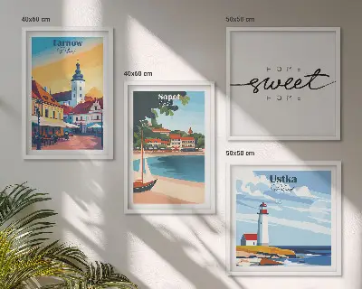 Billedsæt med ramme motiver af polske byer som Ustka Tarnów og Sopot