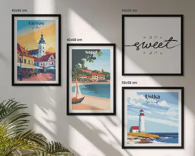 Billedsæt med ramme motiver af polske byer som Ustka Tarnów og Sopot