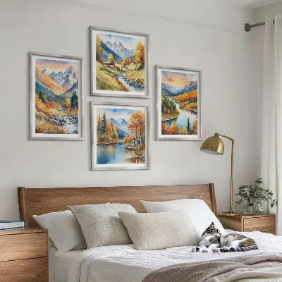 Billedvæg med bjerglandskab og flod til ophæng over sofa