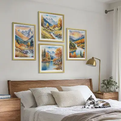Billedvæg med bjerglandskab og flod til ophæng over sofa