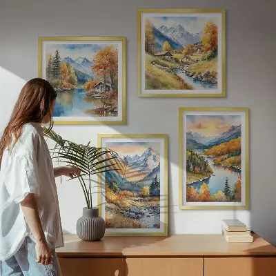 Billedvæg med bjerglandskab og flod til ophæng over sofa