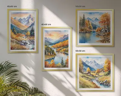 Billedvæg med bjerglandskab og flod til ophæng over sofa