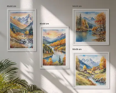 Billedvæg med bjerglandskab og flod til ophæng over sofa