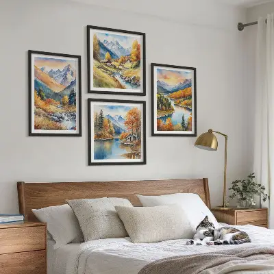 Billedvæg med bjerglandskab og flod til ophæng over sofa