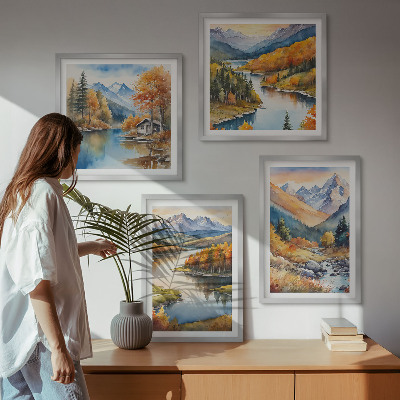 Billedsæt med ramme Udsigt over bjergene, floden, efterår