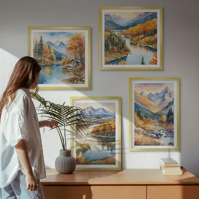 Billedsæt med ramme udsigt over bjerge og flod i efterårsfarver