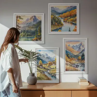 Billedvæg over sofa bjerglandskab med flod og hytter