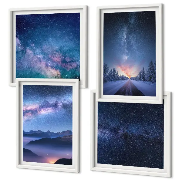 Billedvæg over sofa med motiv af nattehimmel, bjerge og vinterlandskab