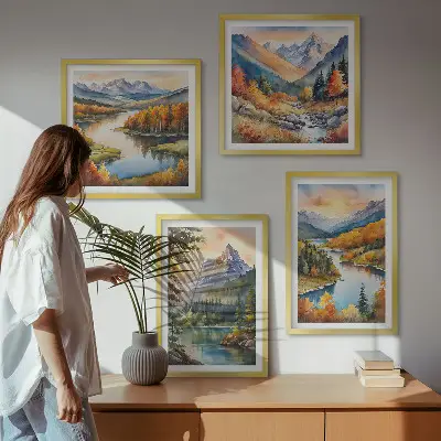 Bjerglandskaber med en flod billedsæt med ramme