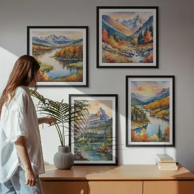Bjerglandskaber med en flod billedsæt med ramme