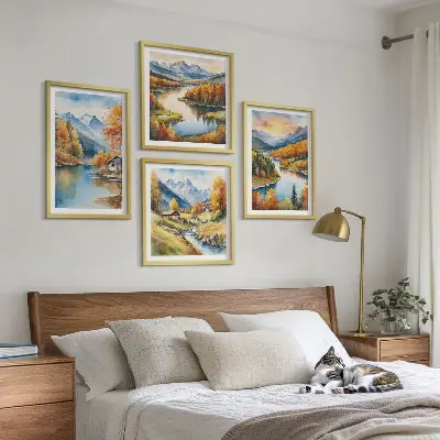 Billedvæg med efterårsbjerge og flodhus billedvæg til ophængning over sofa