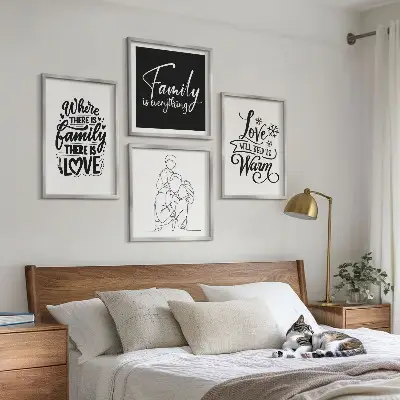 Billedsæt med ramme med motiv af familie, kærlighed, varme og hjem