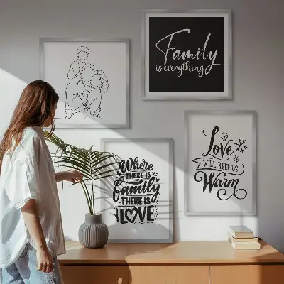 Billedsæt med ramme med motiv af familie, kærlighed, varme og hjem
