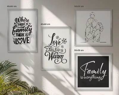 Billedsæt med ramme med motiv af familie, kærlighed, varme og hjem