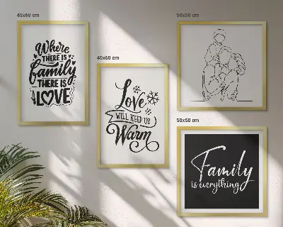 Billedsæt med ramme med motiv af familie, kærlighed, varme og hjem