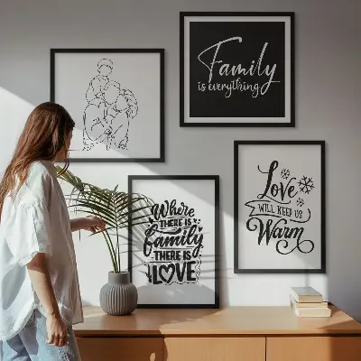 Billedsæt med ramme med motiv af familie, kærlighed, varme og hjem
