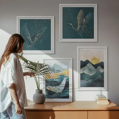 Abstrakte tranebjerge billedvæg til over sofaen