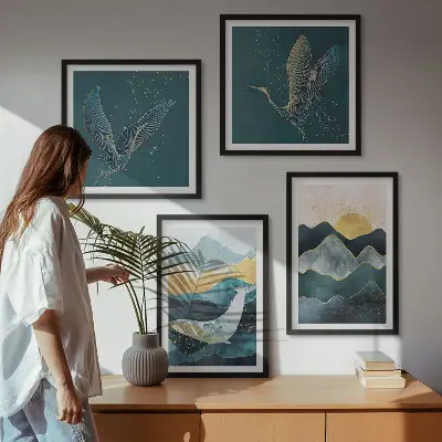 Abstrakte tranebjerge billedvæg til over sofaen