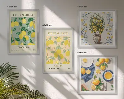 Billedvæg over sofa med motiv af italienske citrusfrugter