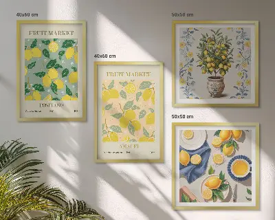 Billedvæg over sofa med motiv af italienske citrusfrugter