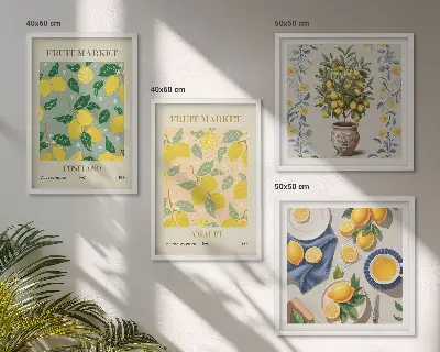 Billedvæg over sofa med motiv af italienske citrusfrugter