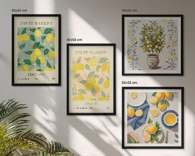 Billedvæg over sofa med motiv af italienske citrusfrugter