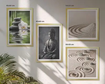 Billedvæg over sofa med afslappende Buddha på stranden