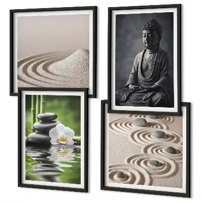 Billedvæg over sofa med afslappende Buddha på stranden