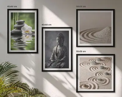 Billedvæg over sofa med afslappende Buddha på stranden