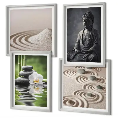 Billedvæg over sofa med afslappende Buddha på stranden