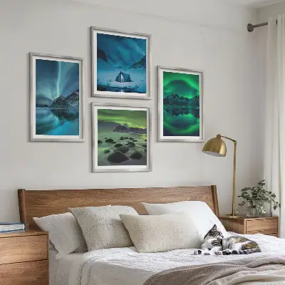 Vinterlandskab med nordlys billedvæg til ophængning over sofaen