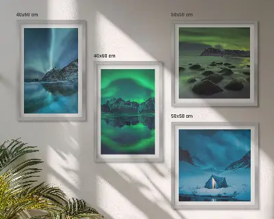 Vinterlandskab med nordlys billedvæg til ophængning over sofaen
