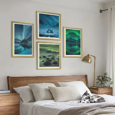 Vinterlandskab med nordlys billedvæg til ophængning over sofaen