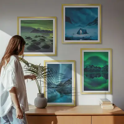 Vinterlandskab med nordlys billedvæg til ophængning over sofaen