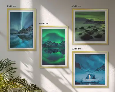 Vinterlandskab med nordlys billedvæg til ophængning over sofaen