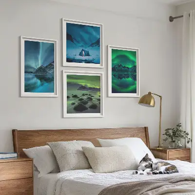 Vinterlandskab med nordlys billedvæg til ophængning over sofaen