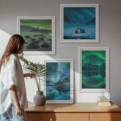 Vinterlandskab med nordlys billedvæg til ophængning over sofaen