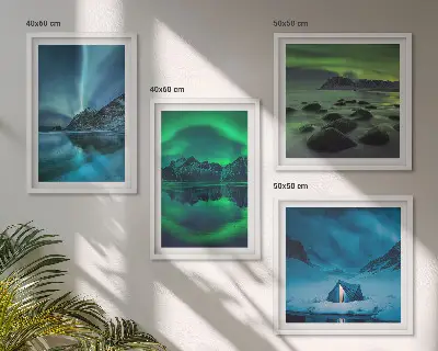 Vinterlandskab med nordlys billedvæg til ophængning over sofaen