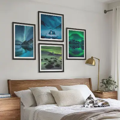 Vinterlandskab med nordlys billedvæg til ophængning over sofaen