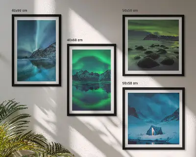 Vinterlandskab med nordlys billedvæg til ophængning over sofaen