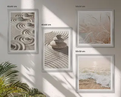 Billedvæg med bølger, sand, vand og sten motiver af strand ved sofa