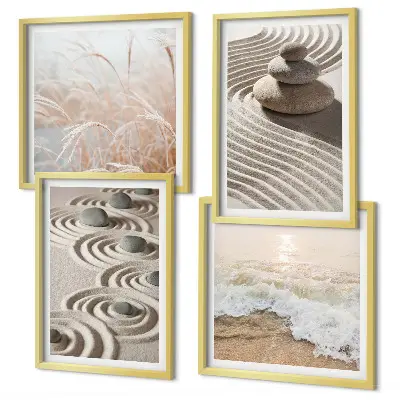 Billedvæg med bølger, sand, vand og sten motiver af strand ved sofa