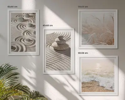 Billedvæg med bølger, sand, vand og sten motiver af strand ved sofa