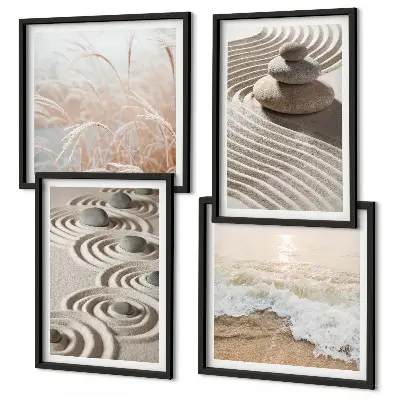 Billedvæg med bølger, sand, vand og sten motiver af strand ved sofa